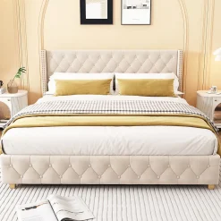 Okwish Lit Double 180x200 cm - Lit Double Rembourré avec Tête de Lit Capitonnée - Velours - Sans Matelas - Beige* Lit Double