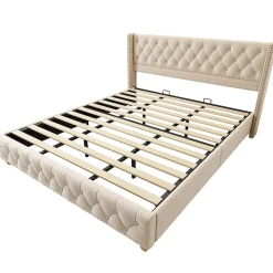 Okwish Lit Double 180x200 cm - Lit Double Rembourré avec Tête de Lit Capitonnée - Velours - Sans Matelas - Beige* Lit Double