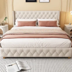 Okwish Lit Double 140x190 cm - Lit Double Rembourré avec Tête Capitonnée et Sommier à Lattes - Lin - Sans Matelas - Beige* Lit Double