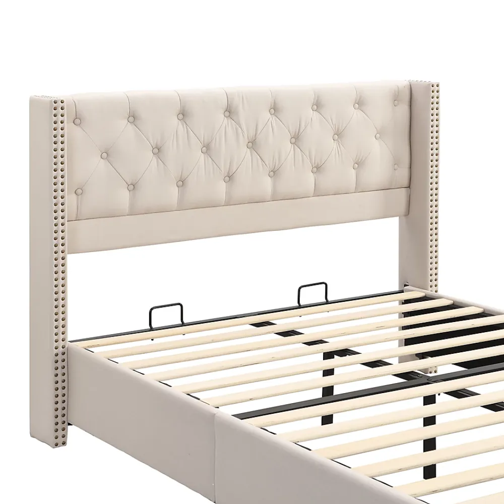 Okwish Lit Double 140x190 cm - Lit Double Rembourré avec Tête Capitonnée et Sommier à Lattes - Lin - Sans Matelas - Beige* Lit Double