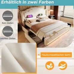 Okwish Lit double 140x200 cm - Lit double capitonné avec 4 Tiroirs, LED et USB-C, Rangement sous Matelas, Velours Beige, Matelas Inclus* Ensemble Sommier Et Matelas