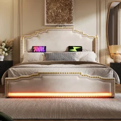 Okwish Lit double 140x200 cm - Lit double capitonné avec 4 Tiroirs, LED et USB-C, Rangement sous Matelas, Velours Beige, Matelas Inclus* Ensemble Sommier Et Matelas