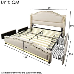 Okwish Lit double 140x200 cm - Lit double capitonné avec 4 Tiroirs, LED et USB-C, Rangement sous Matelas, Velours Beige, Matelas Inclus* Ensemble Sommier Et Matelas