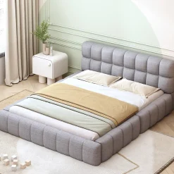 Okwish Lit Double 140x200 cm - Lit Double Ado Capitonné avec Tête de Lit et Sommier Inclus - Cadre en Lin Moderne - Sans Matelas - Gris* Lit Double