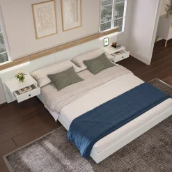 Okwish Lit double 140x200 cm - Lit en bois avec 2 tables de chevet et USB - Bois massif - Sans Matelas - Naturel* Lit Double