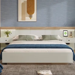 Lit double 160x200 cm - Lit en bois avec 2 tables de chevet et USB - Bois massif - Sans Matelas - Naturel>Okwish Outlet