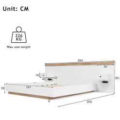 Lit double 160x200 cm - Lit en bois avec 2 tables de chevet et USB - Bois massif - Sans Matelas - Naturel><noscript><img width=