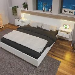 Okwish Lit double 180x200 cm - Lit en bois avec 2 tables de chevet et USB - Bois massif - Sans Matelas - Naturel* Lit Double