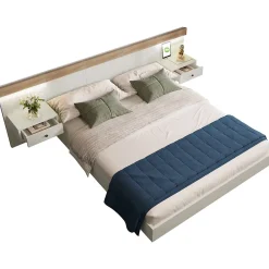 Okwish Lit double 180x200 cm - Lit en bois avec 2 tables de chevet et USB - Bois massif - Sans Matelas - Naturel* Lit Double