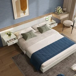 Okwish Lit double 180x200 cm - Lit en bois avec 2 tables de chevet et USB - Bois massif - Sans Matelas - Naturel* Lit Double