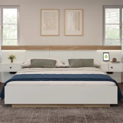 Okwish Lit double 180x200 cm - Lit en bois avec 2 tables de chevet et USB - Bois massif - Sans Matelas - Naturel* Lit Double