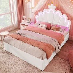 Lit double 140x200 cm - Lit enfant avec 2 rangements - PU + MDF - Sans matelas - Blanc>Okwish New