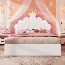 Lit double 140x200 cm - Lit enfant avec 2 rangements - PU + MDF - Sans matelas - Blanc><noscript><img width=