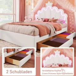 Lit double 140x200 cm - Lit enfant avec 2 rangements - PU + MDF - Sans matelas - Blanc><noscript><img width=