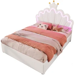 Lit double 140x200 cm - Lit enfant avec 2 rangements - PU + MDF - Sans matelas - Blanc><noscript><img width=