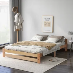 Okwish Lit Double 140x200 cm - Lit Futon Naturel en Bois Massif avec Tête de Lit - Lit Scandinave Minimaliste Adulte - Sans Matelas* Lit Double