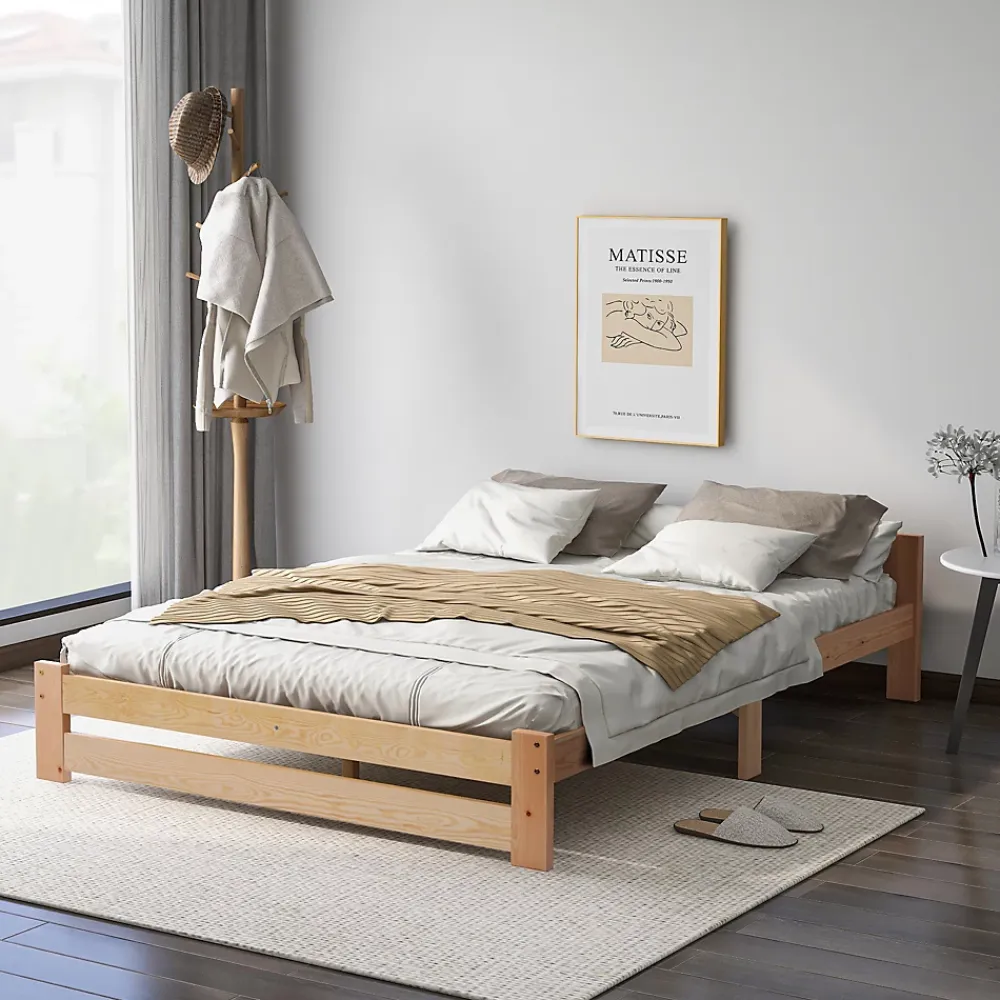 Okwish Lit Double 140x200 cm - Lit Futon Naturel en Bois Massif avec Tête de Lit - Lit Scandinave Minimaliste Adulte - Sans Matelas* Lit Double