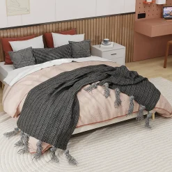 Lit Double 160x200 cm - Lit pour Adulte/Ado Moderne à Base Basse, Sans Tête de Lit, Sans Matelas, en Velours Hollandais Beige><noscript><img width=