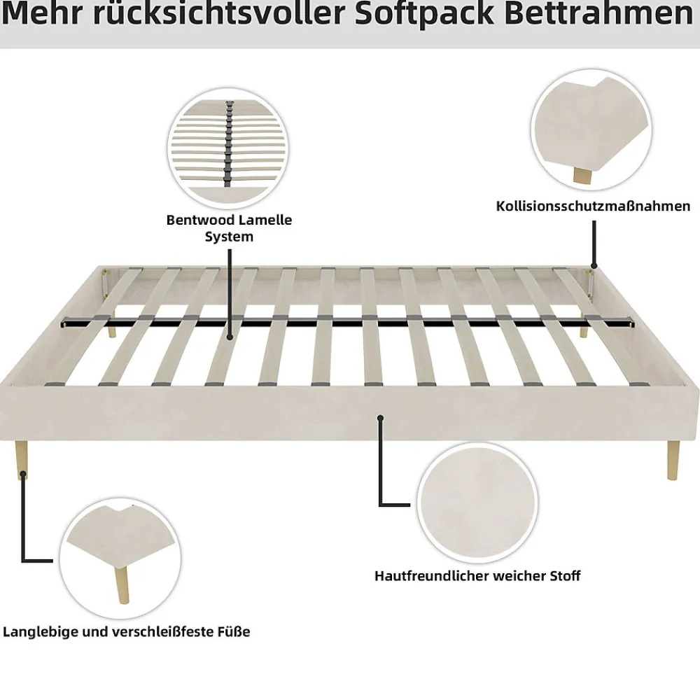 Lit Double 160x200 cm - Lit pour Adulte/Ado Moderne à Base Basse, Sans Tête de Lit, Sans Matelas, en Velours Hollandais Beige>Okwish Sale