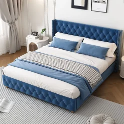 Lit Double 160x200 cm - Lit Rembourré avec Tête de Lit Capitonnée - Velours - Sans Matelas - Bleu>Okwish Hot