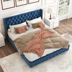 Lit Double 160x200 cm - Lit Rembourré avec Tête de Lit Capitonnée - Velours - Sans Matelas - Bleu>Okwish Hot