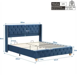 Lit Double 160x200 cm - Lit Rembourré avec Tête de Lit Capitonnée - Velours - Sans Matelas - Bleu><noscript><img width=