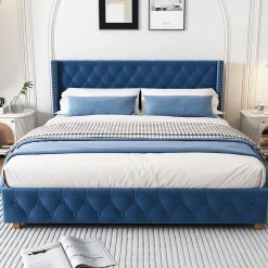 Lit Double 160x200 cm - Lit Rembourré avec Tête de Lit Capitonnée - Velours - Sans Matelas - Bleu><noscript><img width=