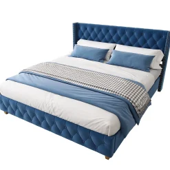 Lit Double 160x200 cm - Lit Rembourré avec Tête de Lit Capitonnée - Velours - Sans Matelas - Bleu><noscript><img width=