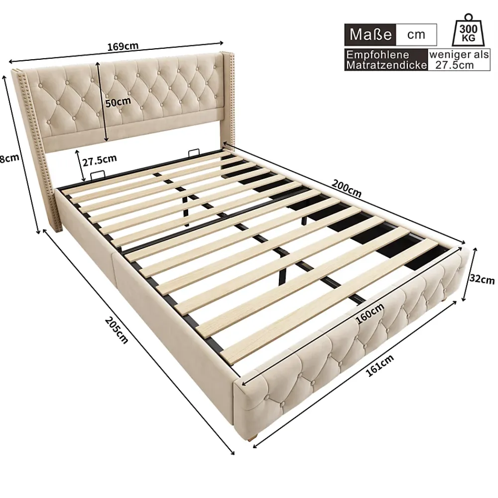 Generique Lit Double 160x200 cm - Lit Rembourré avec Tête de Lit Capitonnée - Velours - Sans Matelas - Beige* Lit Double