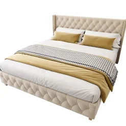 Generique Lit Double 160x200 cm - Lit Rembourré avec Tête de Lit Capitonnée - Velours - Sans Matelas - Beige* Lit Double