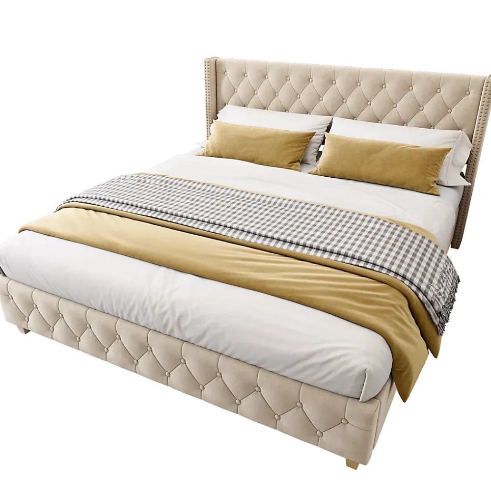 Generique Lit Double 160x200 cm - Lit Rembourré avec Tête de Lit Capitonnée - Velours - Sans Matelas - Beige* Lit Double