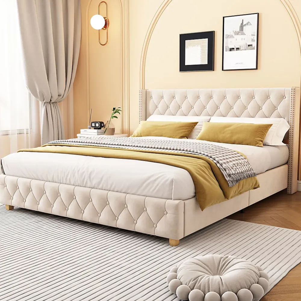 Generique Lit Double 160x200 cm - Lit Rembourré avec Tête de Lit Capitonnée - Velours - Sans Matelas - Beige* Lit Double
