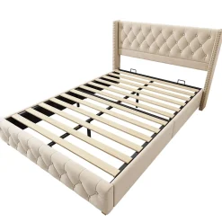 Generique Lit Double 160x200 cm - Lit Rembourré avec Tête de Lit Capitonnée - Velours - Sans Matelas - Beige* Lit Double