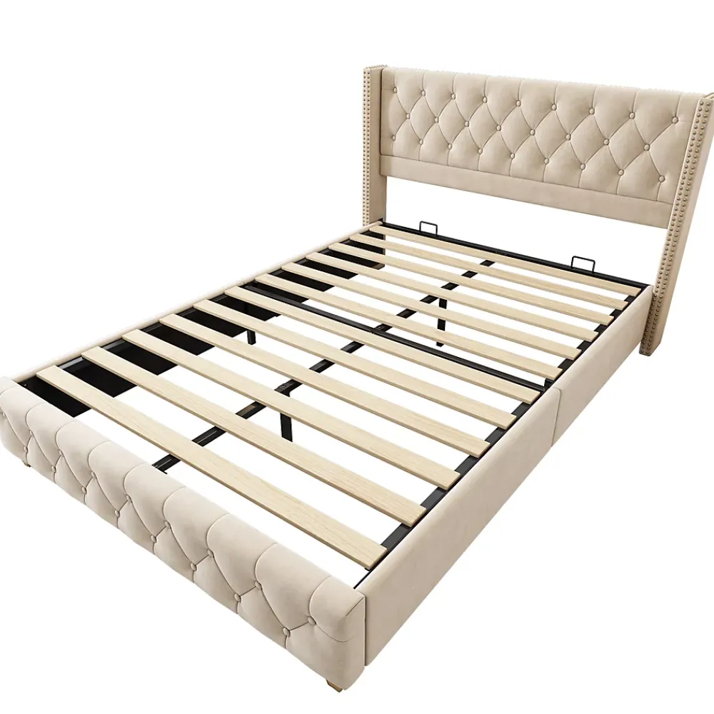 Generique Lit Double 160x200 cm - Lit Rembourré avec Tête de Lit Capitonnée - Velours - Sans Matelas - Beige* Lit Double