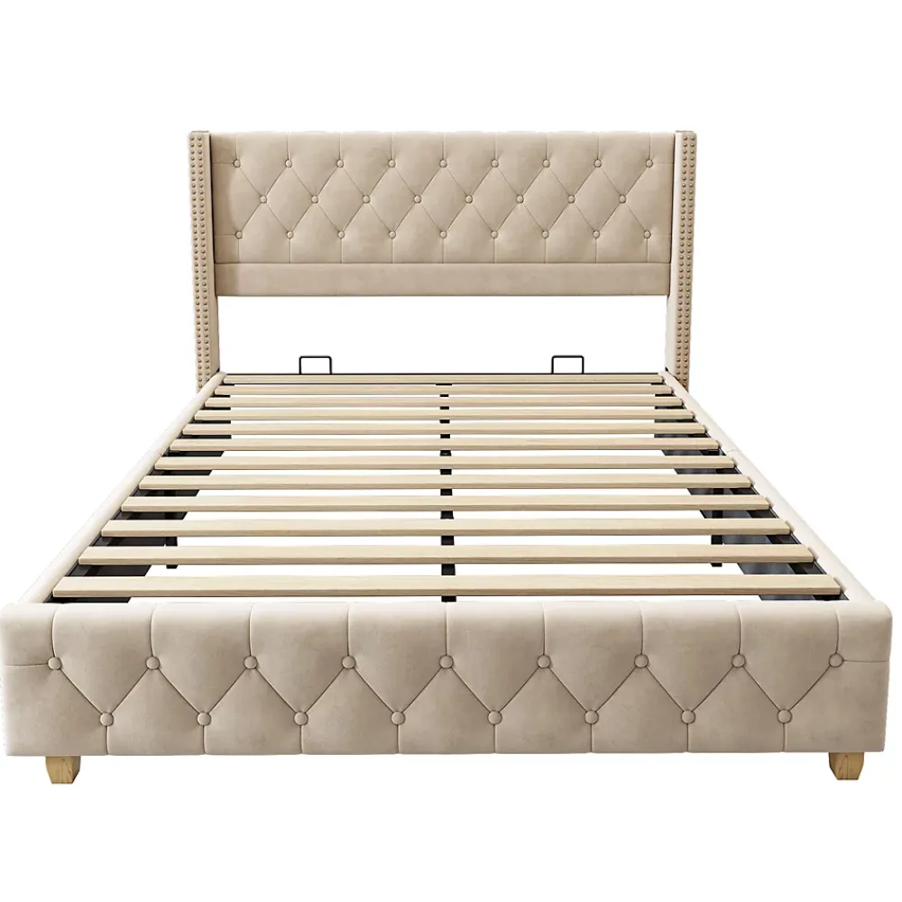 Generique Lit Double 160x200 cm - Lit Rembourré avec Tête de Lit Capitonnée - Velours - Sans Matelas - Beige* Lit Double