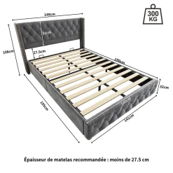 Okwish Lit Double 140x190 cm - Lit Rembourré avec Tête de Lit à Boutons et Sommier à Lattes - Velours - Sans Matelas - Gris* Lit Double