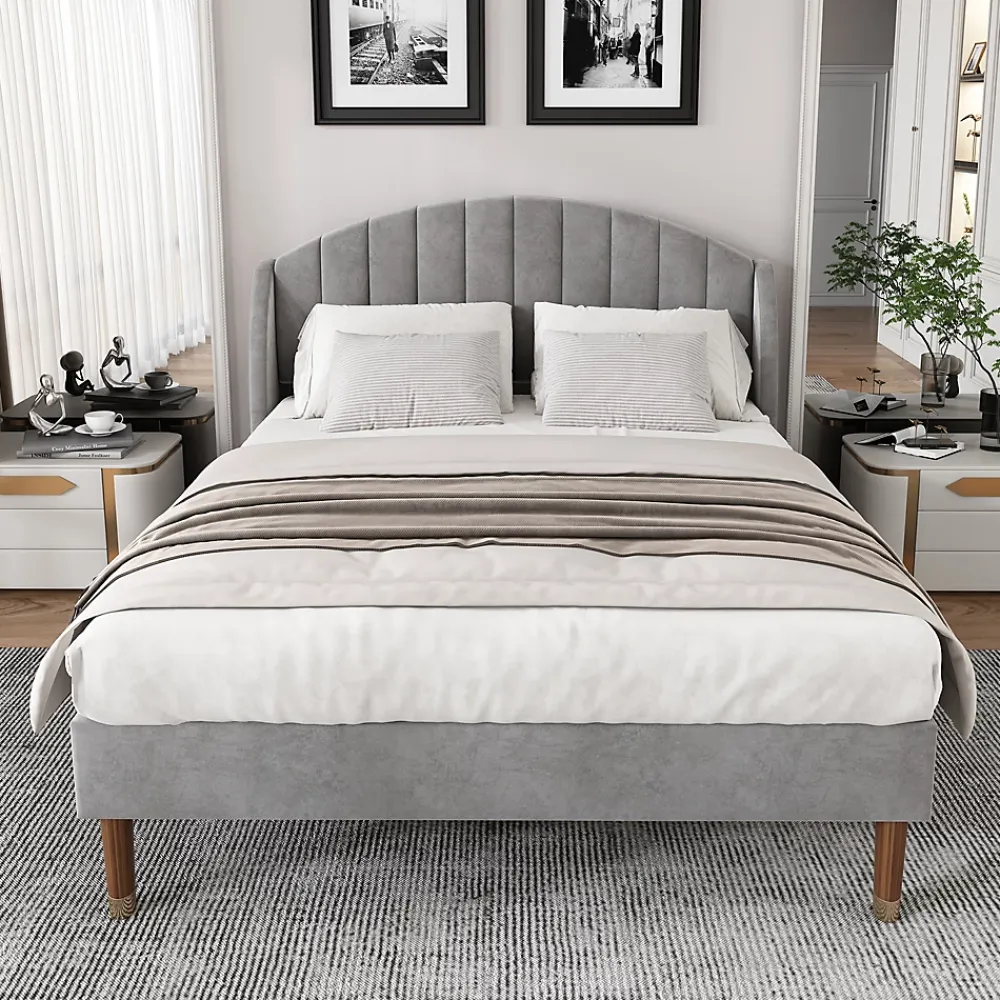 Okwish Lit Double 140x200 cm - Lit Rembourré ado - Velours - Sans Matelas - Gris* Lit Double