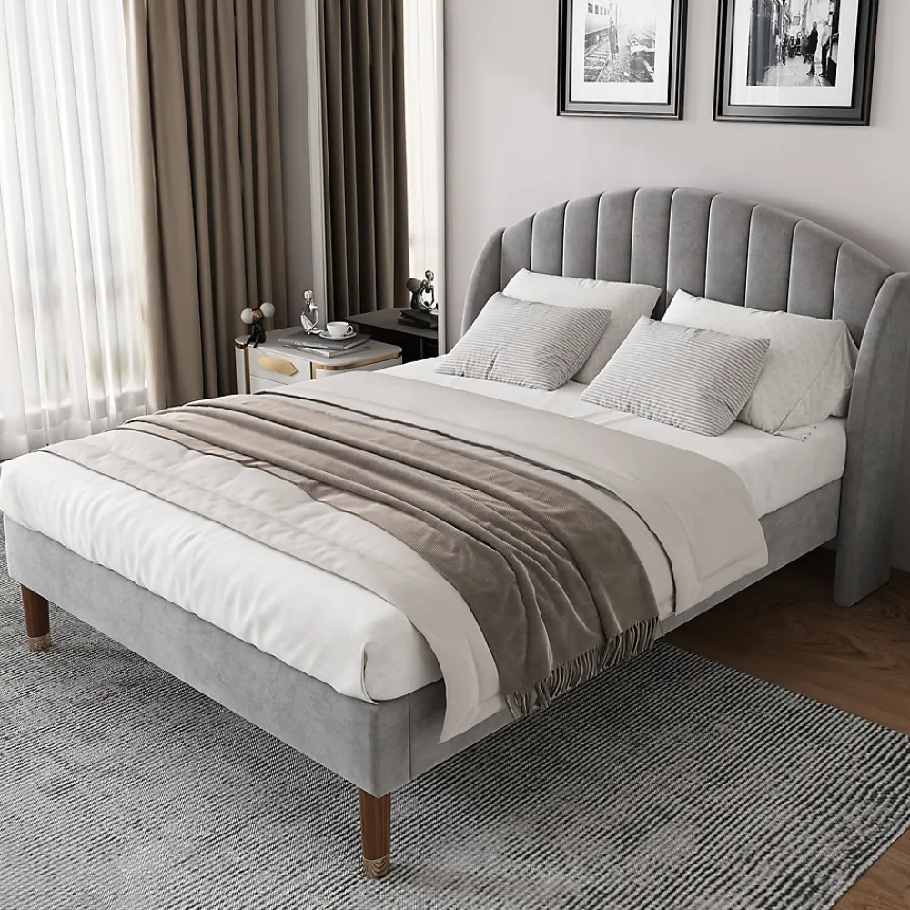 Okwish Lit Double 140x200 cm - Lit Rembourré ado - Velours - Sans Matelas - Gris* Lit Double