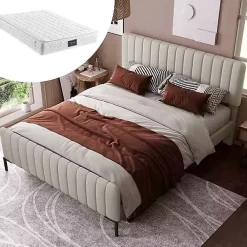 Okwish Lit double 140x200 cm - Lit rembourré avec tête de lit capitonnée - Lin - avec Matelas - Beige* Ensemble Sommier Et Matelas