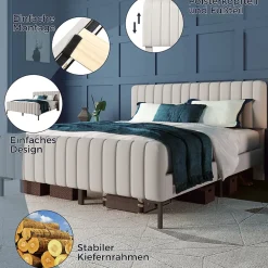 Okwish Lit double 140x200 cm - Lit rembourré avec tête de lit capitonnée - Lin - avec Matelas - Beige* Ensemble Sommier Et Matelas
