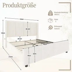 Generique Lit Double 140x200 cm - Lit Rembourré Adulte avec Tête Haute et Port USB, Velours, Sans Matelas, Beige* Lit Double