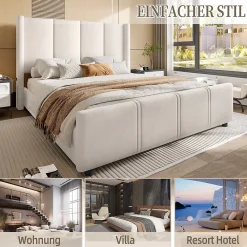 Generique Lit Double 140x200 cm - Lit Rembourré Adulte avec Tête Haute et Port USB, Velours, Sans Matelas, Beige* Lit Double