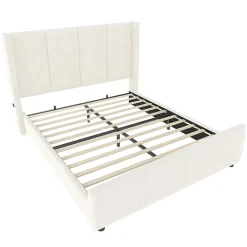 Generique Lit Double 140x200 cm - Lit Rembourré Adulte avec Tête Haute et Port USB, Velours, Sans Matelas, Beige* Lit Double