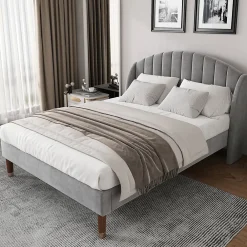 Generique Lit Double 160x200 cm - Lit Rembourré ado - Velours - Sans Matelas - Gris* Lit Double