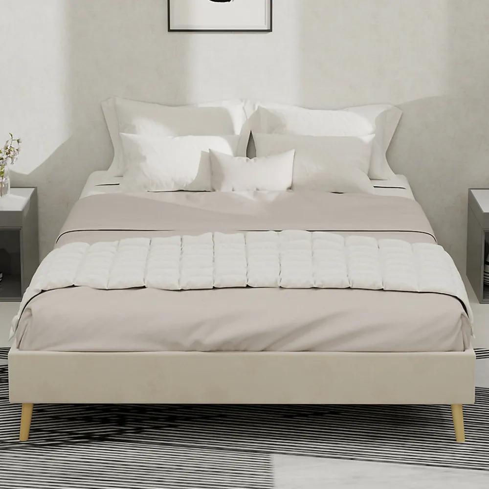 Lit Double 140x200 cm - Moderne en Velours Hollandais Bas, sans Tête de Lit/Vérin - Cadre de Lit Composite - Sans Matelas - Beige>Okwish Outlet