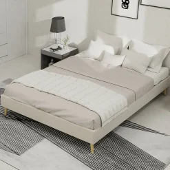 Lit Double 140x200 cm - pour Adulte/Ado Moderne à Base Basse, Sans Tête de Lit, Sans Matelas, en Velours Hollandais Beige>Okwish New