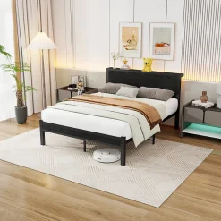 Okwish Lit Double 140x200 cm - Style Minimaliste avec Structure Métal MDF - sans Matelas - Noir* Lit Double