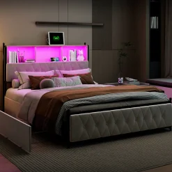 Lit Double 160x200 Cm, 4 Tiroirs, Ports USB/type-c, Éclairage LED, Sommier à Lattes, Velours Beige.>Simple Life Online