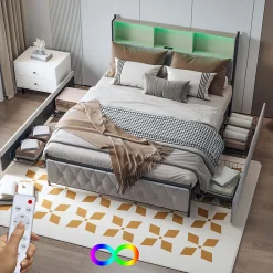 Lit Double 160x200 Cm, 4 Tiroirs, Ports USB/type-c, Éclairage LED, Sommier à Lattes, Velours Beige.><noscript><img width=