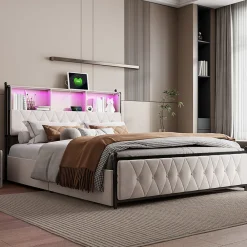 Lit Double 160x200 Cm, 4 Tiroirs, Ports USB/type-c, Éclairage LED, Sommier à Lattes, Velours Beige.><noscript><img width=